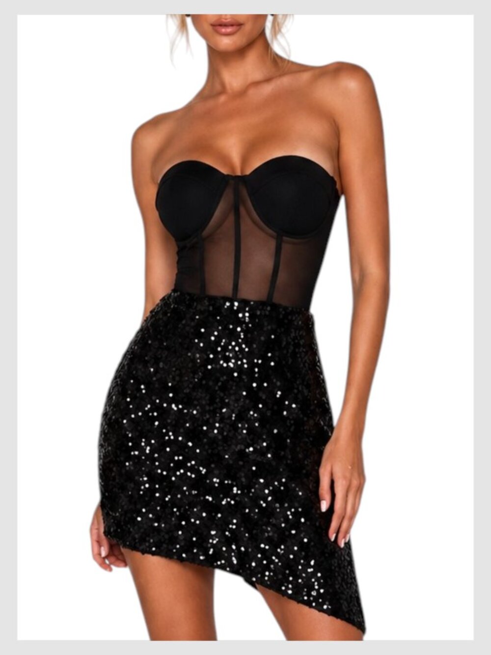 Fashion Nova Sequin Mini Dress Black Strapless Mesh Corset M